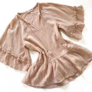 Bird & Knoll Pink Gauze Cotton Muslin Flare Sleeve Dress Womens XS